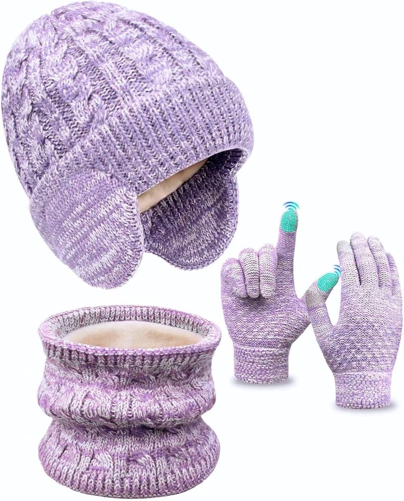 EAONE Kids Winter Hat Gloves Scarf Set,Toddler Girls Boys Beanie Hat with Earflaps,Knit Mittens & Neck Gaiter Warmer for Kids 4-12 - Image 1